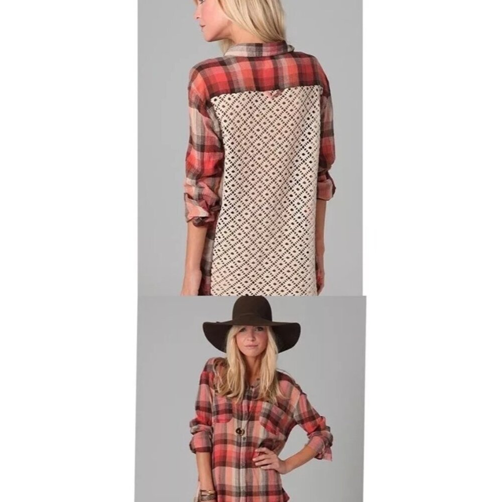 Free People We the Free Orange Plaid Size XS Top Lace Back Long Sleeve Button Do